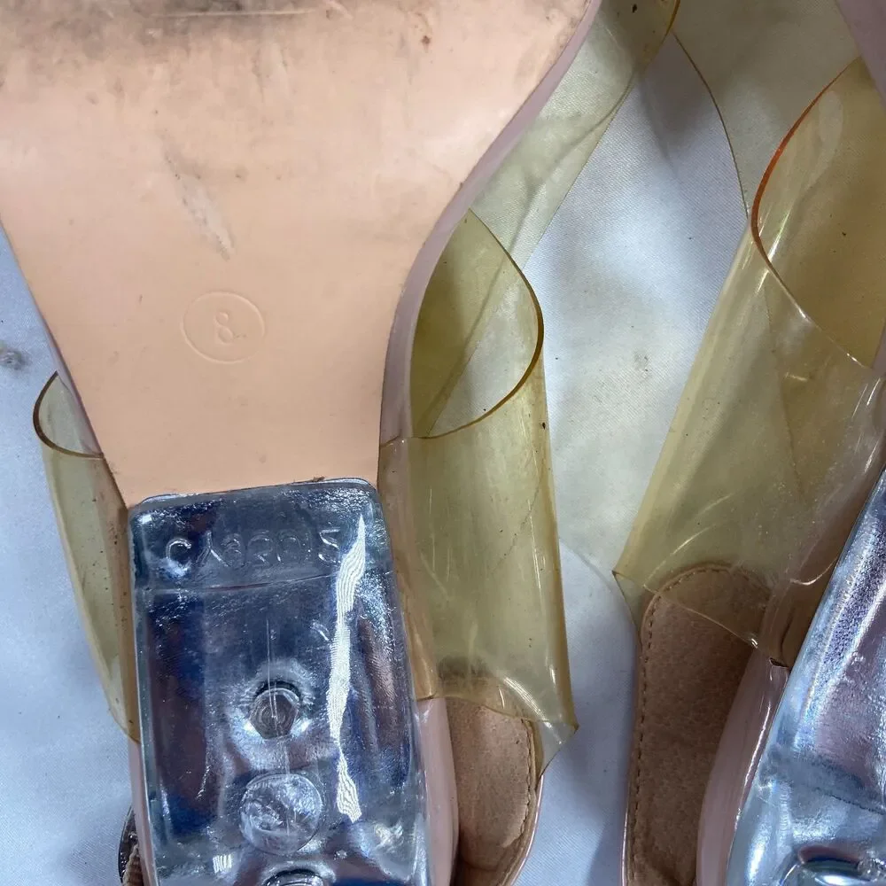 Qupid Womens 8 Nude Clear Strap Block Heel Sandals Pink Vinyl
